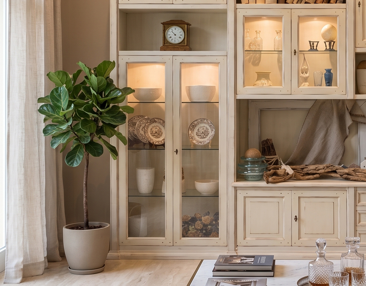 Libreria-Beatrice-laccata-bianca-patinata-a-Sesto-Fiorentino-particolare-vetrinette-