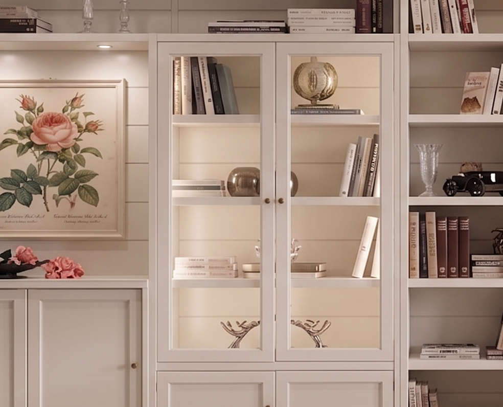 Libreria-modello-Susan-con-boiserie-perlinata-laccata-avorio-effetto-gesso-particolare-vetrinetta